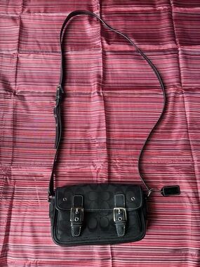 Coach Black Signature Monogram Crossbody Bag with Buckle Straps